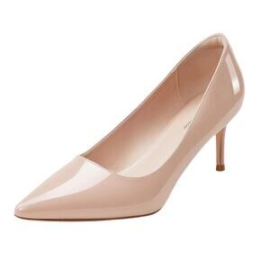 NWOT Patent Nude kitten heels shoes 9 GENSHUO 2" Pointed Toe Pumps beige Prom